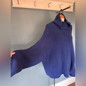 Free People Swim Too Deep Sweater royal navy blue Knit Turtleneck Oversized Sz L